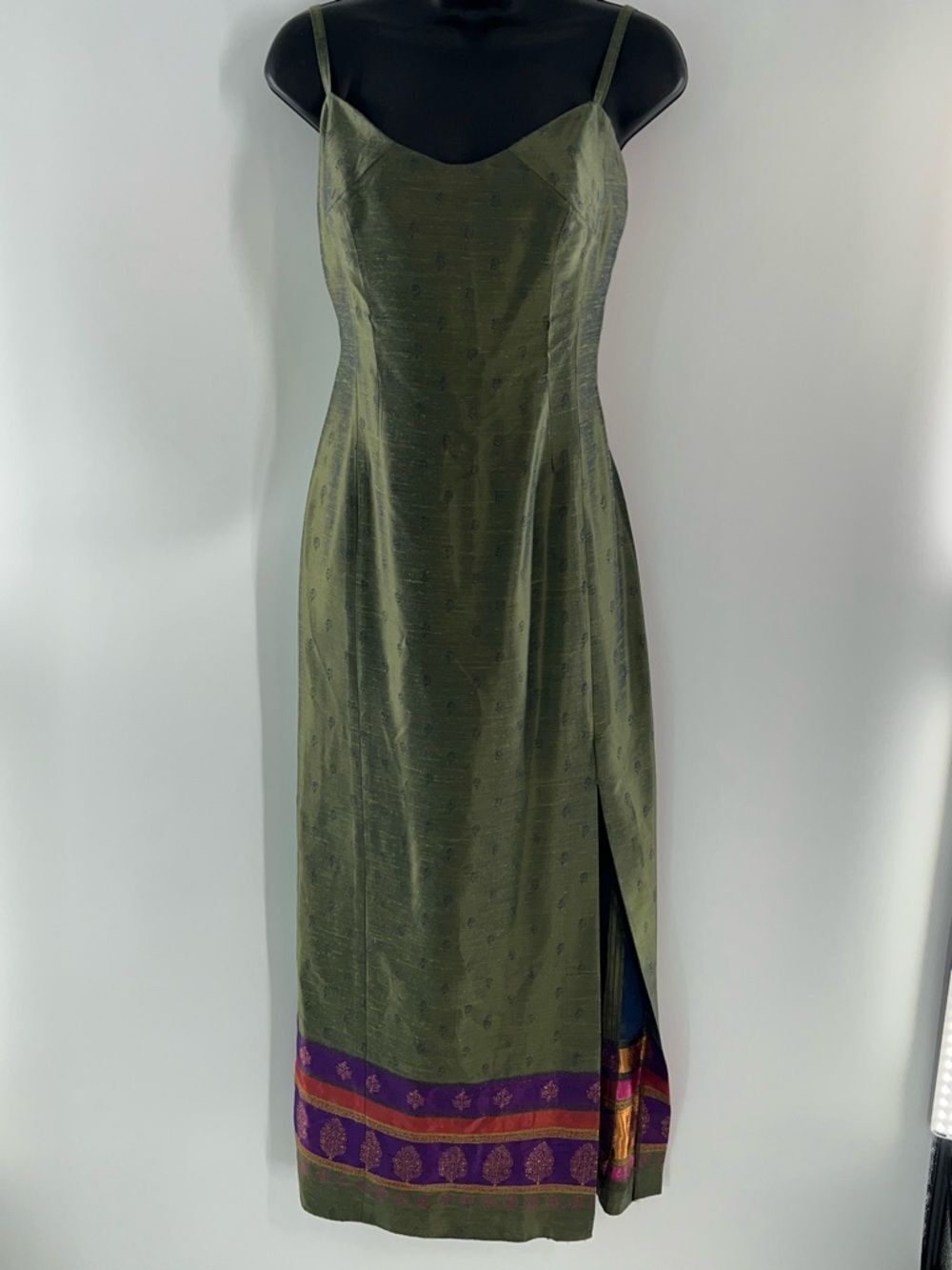 Georgiou Women's Olive Green Maxi Slip Dress with Decorative Trim at Hem-Size 2